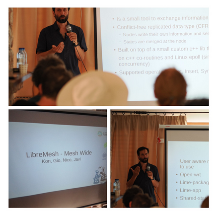 A grid of three photos showing a speaker in front of a projected presentation.