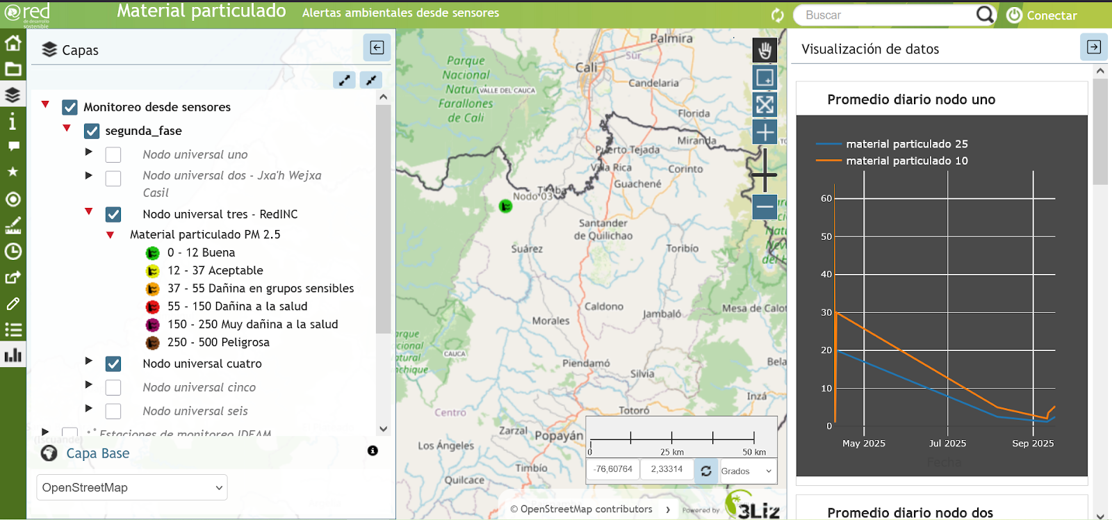 Screenshot of a geographic information system (GIS) dashboard titled 'Material particulado' showing air quality monitoring data
