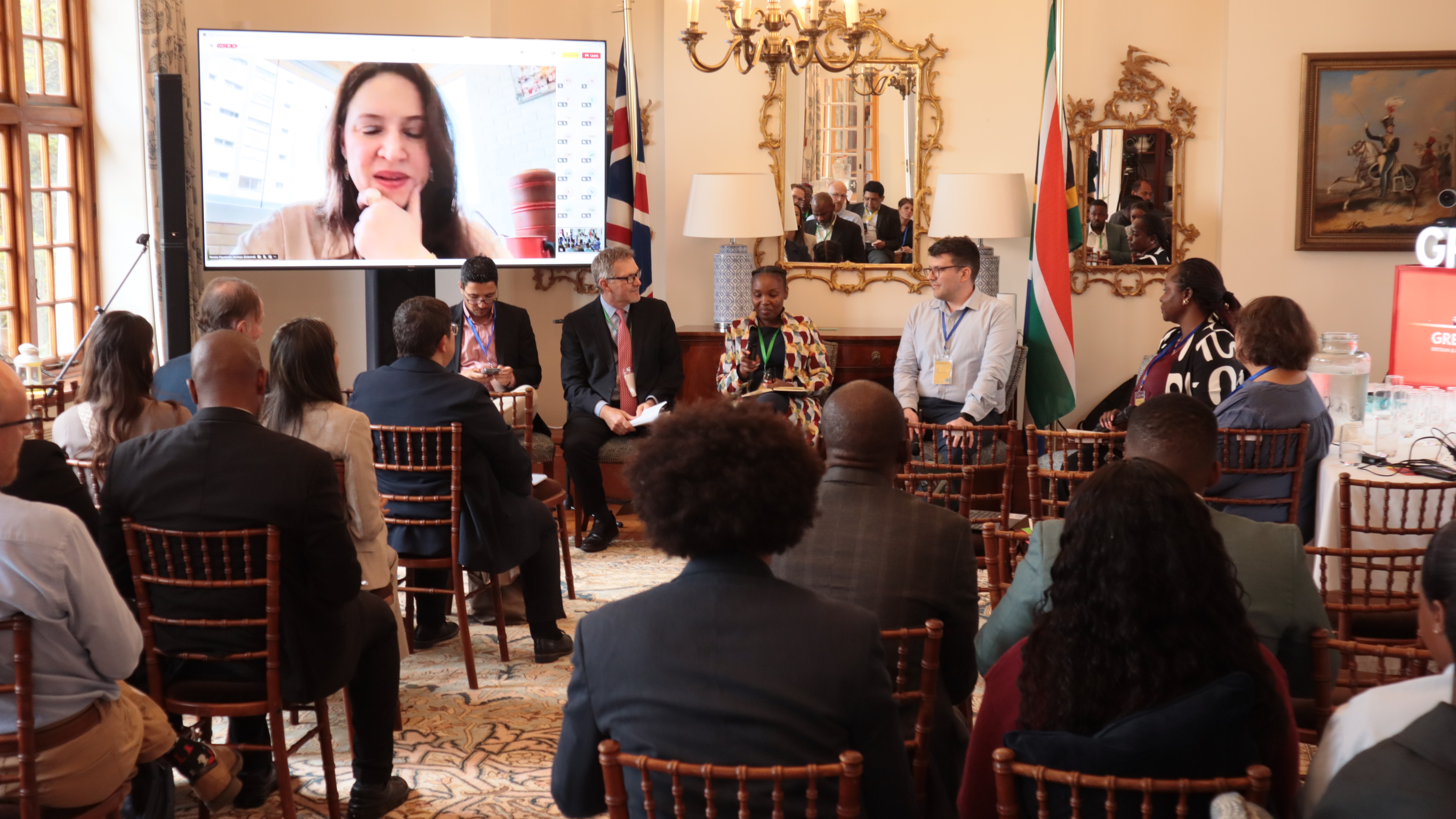 Participants attend a hybrid panel discussion in a formal room, with a woman speaking remotely on a large screen. Five in-person panelists sit at the front facing the audience, with national flags and mirrors in the background.