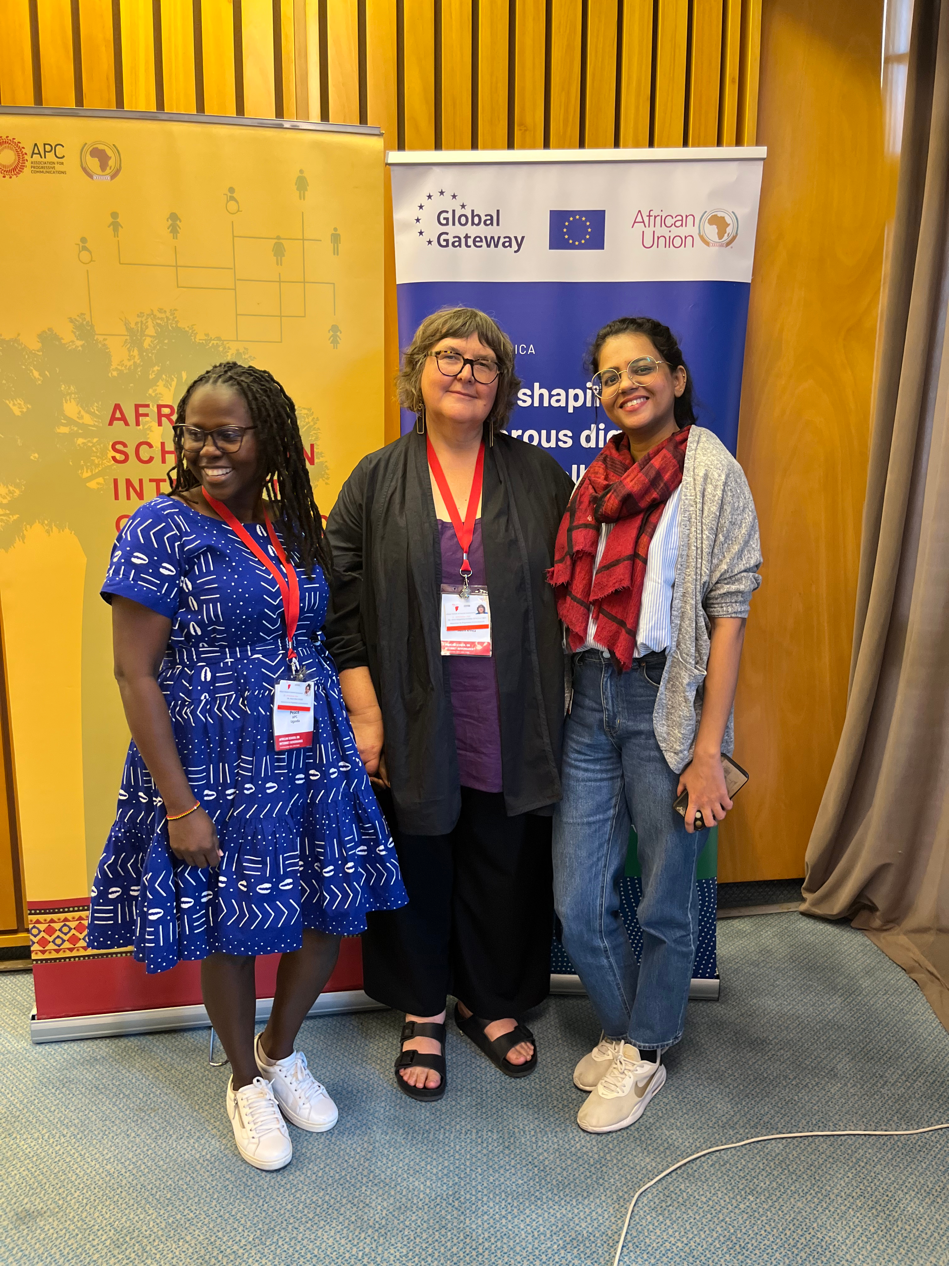 Image: APC staff from AfriSIG 2024 organising team: Peace Amuge, Anriette Esterhuysen and Pavitra Ramanujam. Photo courtesy of AfriSIG 2024 fellows.