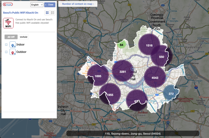 Map image of free Wi-Fi access points throughout Seoul via Smart Seoul Map
