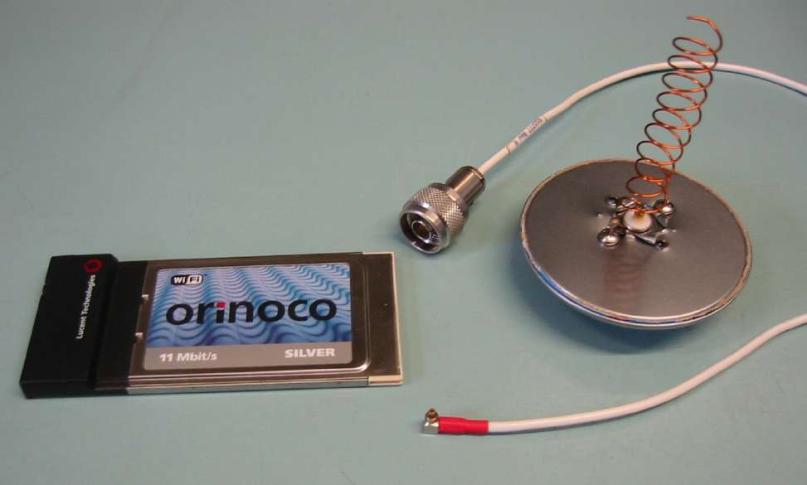 Image: An early wireless card and home-made antenna made by Mike Jensen.