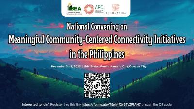 Promotional banner for the National Convening on Meaningful Community-Centered Connectivity Initiatives in the Philippines.” The background features a colorful sunset sky with rolling hills and silhouettes of people standing. At the top are three logos: ISEA, APC and Rhizomatica, event details days and place, and a large QR code.
