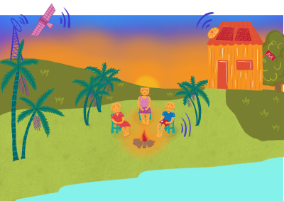 Three people with animal features sit around a campfire near a pond at sunset, with palm trees and a wooden hut in the background