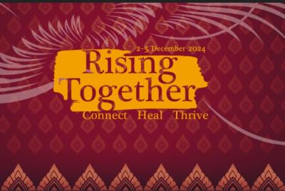 Image announcing the dates of the AWID International Forum 2024 and the "Rising together" theme.