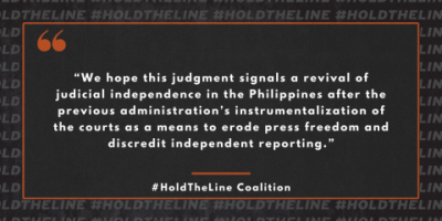  image linking to Hold The Line Coalition welcomes acquittal of Maria Ressa and Rappler, calls for all remaining cases to be dropped  