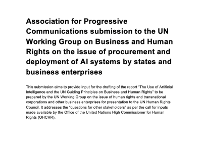  image linking to APC submission to the UN Working Group on Business and Human Rights on the issue of procurement and deployment of AI systems by states and business enterprises 